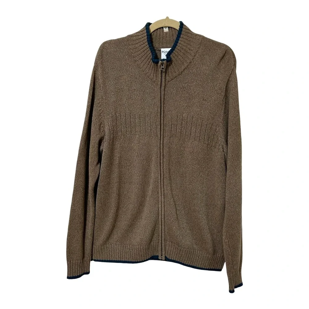 Columbia Mens Full Zip Knit Cardigan Sweater XL Beige Tan Cotton Heavyweight EUC